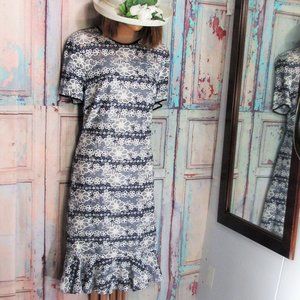TOMMY HILFIGER NAVY+WHTE DRESS LACE FLOUNCE HEM 10